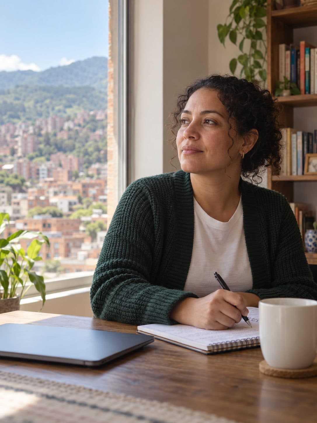 Mujer adulta de cárdigan verde escribe en un cuaderno junto a una ventana con vista a una ciudad entre montañas.