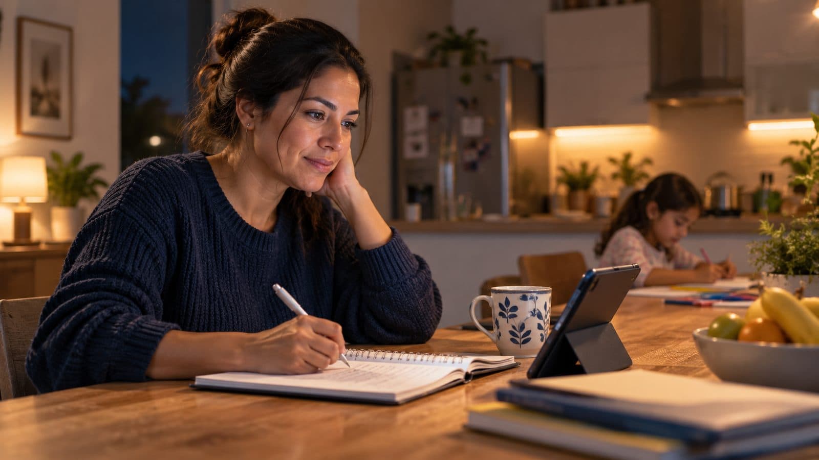 Mujer adulta estudia en la mesa de la cocina con un cuaderno y una tableta, con una niña al fondo.