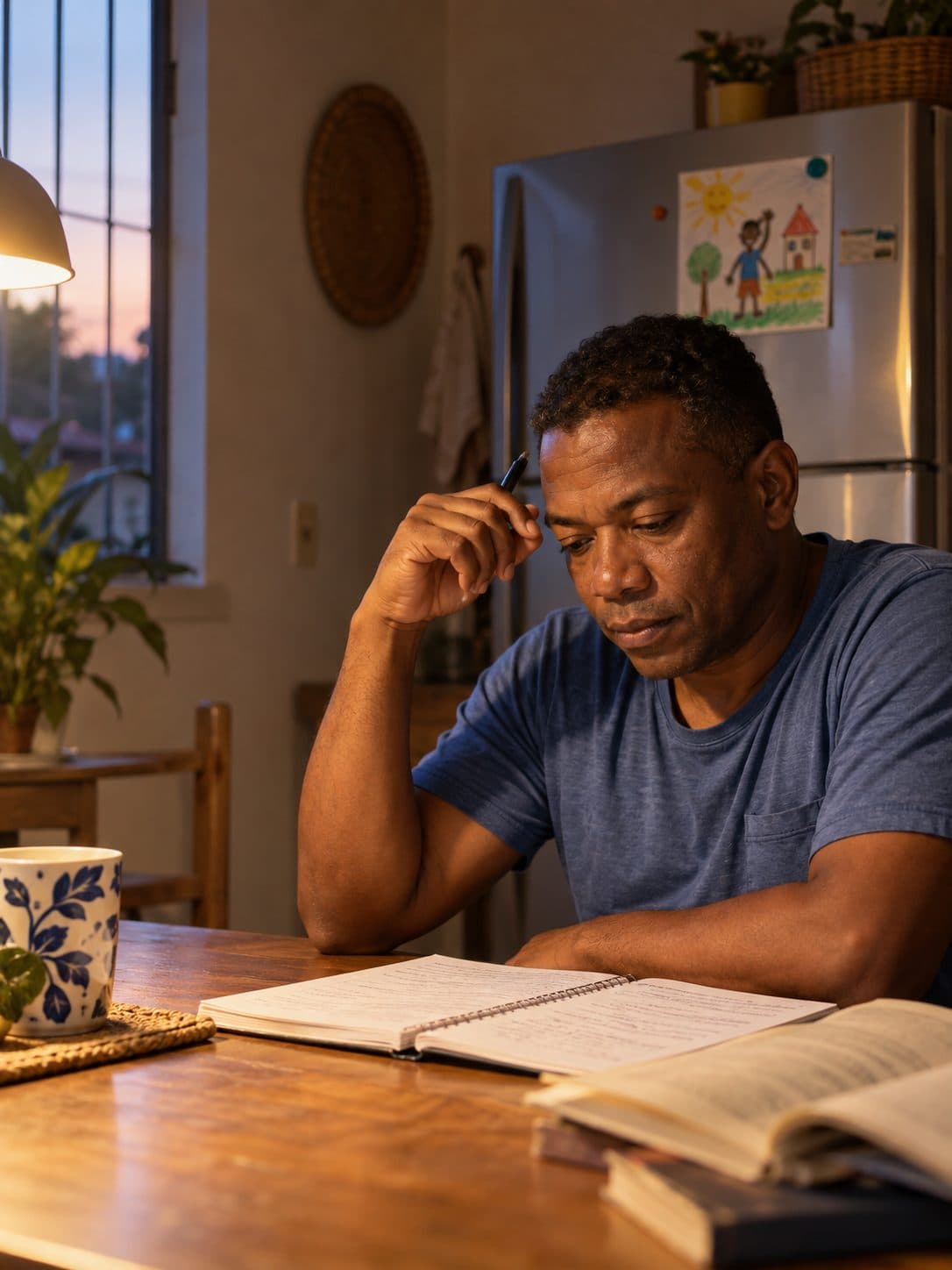 Hombre adulto estudia con un cuaderno en la mesa de la cocina, al atardecer, con un dibujo infantil pegado en la nevera.